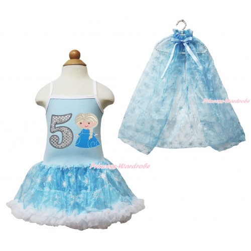 Frozen Princess Elsa Light Blue Sparkle Bling Snowflakes ONE-PIECE Halter Dress With 5th Sparkle White Birthday Number & Princess Elsa Print With Sparkle Snowflakes Light Blue Organza Cape LP86