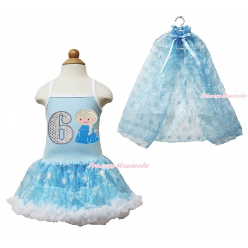 Frozen Princess Elsa Light Blue Sparkle Bling Snowflakes ONE-PIECE Halter Dress With 6th Sparkle White Birthday Number & Princess Elsa Print With Sparkle Snowflakes Light Blue Organza Cape LP87
