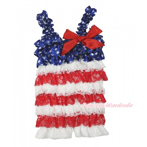 American's Birthday Patriotic Ameircan Star White Red Petti Romper with Red Bow & Straps LR184