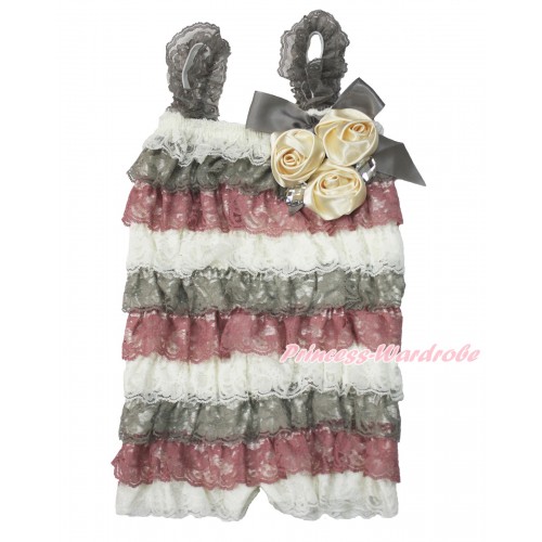 Cream White Grey Raspberry Wine Red Lace Ruffles Petti Rompers With Straps With Big Bow & Bunch Of Goldenrod Satin Rosettes & Crystal LR189 
