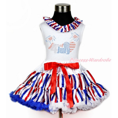 White Tank Top With Red White Royal Blue Striped Satin Lacing & Sparkle Crystal Bling Rhinestone 4th July Patriotic American Heart Print With Red White Royal Blue Striped Pettiskirt MG1192