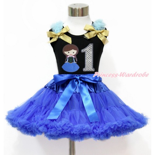 Black Tank Top with Light Blue Ruffles & Sparkle Goldenrod Bow with Princess Anna & 1st Sparkle White Birthday Number Print & Royal Blue Pettiskirt MG1198