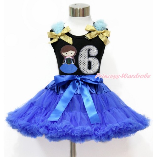 Black Tank Top with Light Blue Ruffles & Sparkle Goldenrod Bow with Princess Anna & 6th Sparkle White Birthday Number Print & Royal Blue Pettiskirt MG1203
