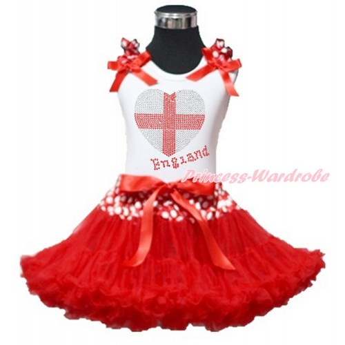 World Cup White Tank Top with Minnie Dots Ruffles & Red Bow with Sparkle Crystal Bling Rhinestone England Heart Print & Minnie Dots Waist Red Pettiskirt MG1210