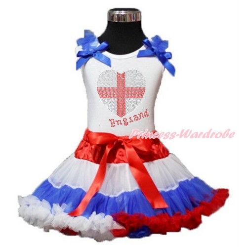  World Cup White Tank Top with Royal Blue Ruffles & Royal Blue Bow with Sparkle Crystal Bling Rhinestone England Heart Print with Red White Blue Pettiskirt MG1211 