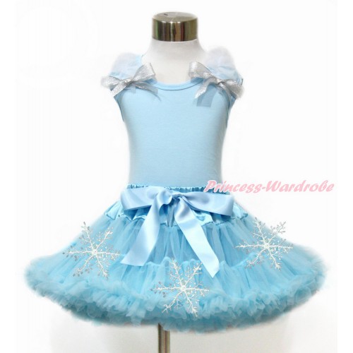 Light Blue Tank Tops with White Ruffles and Sparkle Silver Grey Bow & Light Blue Snowflakes Pettiskirt MH209