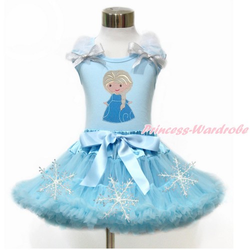 Light Blue Tank Top with White Ruffles & Sparkle Silver Grey Bow with Princess Elsa Print & Light Blue Snowflakes Pettiskirt MH210