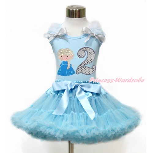 Light Blue Tank Top with White Ruffles & Sparkle Silver Grey Bow with Princess Elsa & 2nd Sparkle White Birthday Number Print & Light Blue Pettiskirt MH213