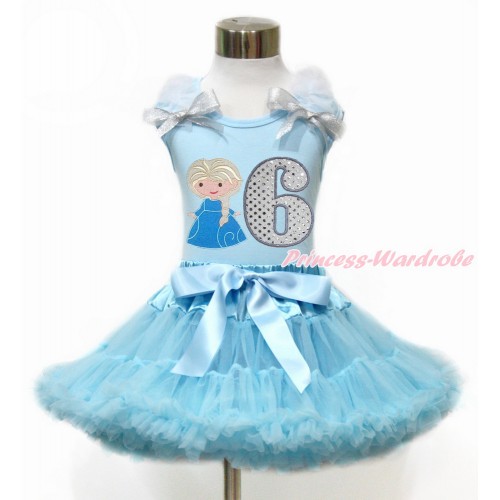 Light Blue Tank Top with White Ruffles & Sparkle Silver Grey Bow with Princess Elsa & 6th Sparkle White Birthday Number Print & Light Blue Pettiskirt MH217