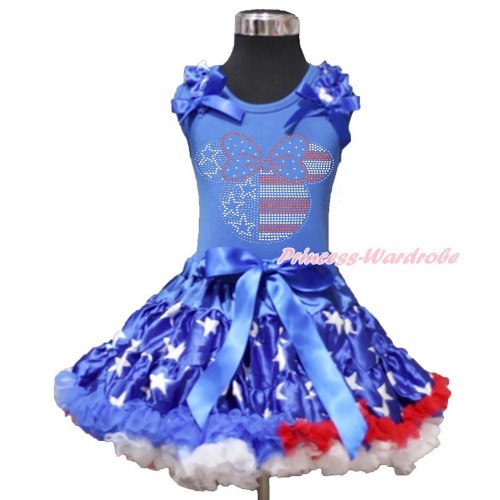 4th July Royal Blue Tank Top with Patriotic American Star Ruffles & Royal Blue Bow with Sparkle Crystal Bling Rhinestone 4th July Minnie Print & Patriotic American Star Pettiskirt MN86