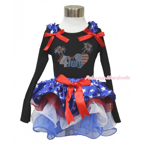 American's Birthday Black Long Sleeve Top with Patriotic American Star Ruffles & Red Bow & Sparkle Crystal Bling Rhinestone 4th July Patriotic American Heart Print with Matching Red Bow Patriotic American Star Red White Blue Petal Pettiskirt MW476
