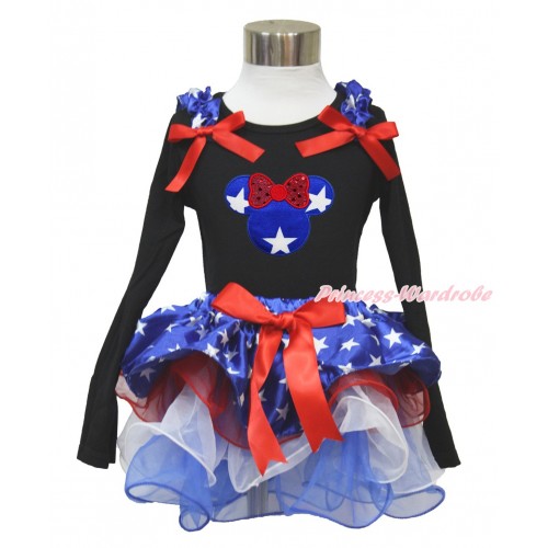 American's Birthday Black Long Sleeve Top with Patriotic American Star Ruffles & Red Bow & Patriotic American Star Minnie Print with Matching Red Bow Patriotic American Star Red White Blue Petal Pettiskirt MW477