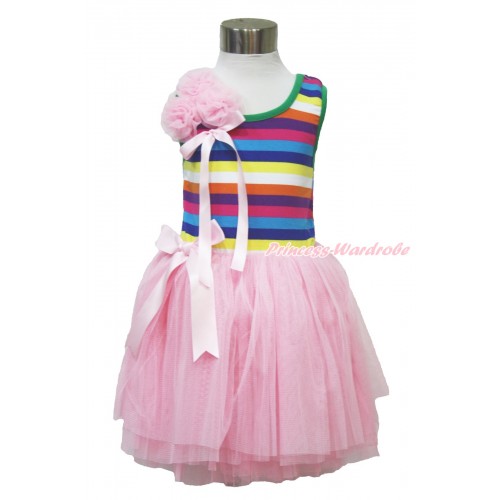 Rainbow Striped Top Light Pink Chiffon Ballet Tutu Wedding Party Dress With Bunch Of Light Pink Rosettes & Light Pink Bow PD047-1