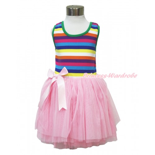 Rainbow Striped Top Light Pink Chiffon Ballet Tutu Wedding Party Dress PD047