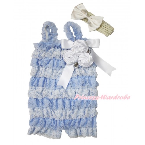 Frozen Light Blue White Lace Ruffles Rompers With Straps With White Bow & Bunch Of White Satin Rosettes & Crystal,With Cream White Headband Cream White Satin Bow RH149