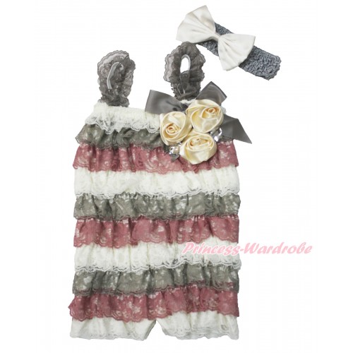 Cream White Grey Raspberry Wine Red Lace Ruffles Rompers With Straps With Grey Bow & Bunch Of Goldenrod Satin Rosettes & Crystal,With Grey Headband Cream White Satin Bow RH150