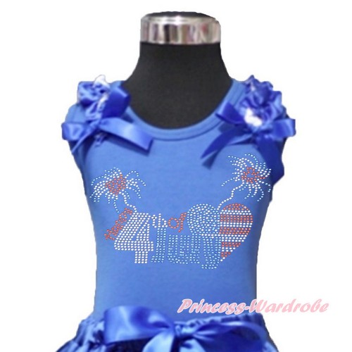 4th July Royal Blue Tank Top With Patriotic American Star Ruffles & Royal Blue Bows With Sparkle Crystal Bling Rhinestone 4th July Patriotic American Heart Print T444