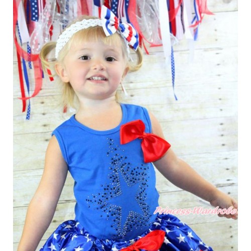 Royal Blue Tank Top with Red Silk Bow & Sparkle Crystal Glitter Star Print T445
