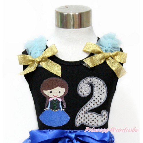 Black Tank Top With Light Blue Ruffles & Sparkle Goldenrod Bow With Princess Anna & 2nd Sparkle White Birthday Number Print TB795