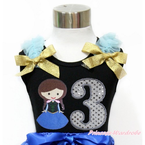Black Tank Top With Light Blue Ruffles & Sparkle Goldenrod Bow With Princess Anna & 3rd Sparkle White Birthday Number Print TB796