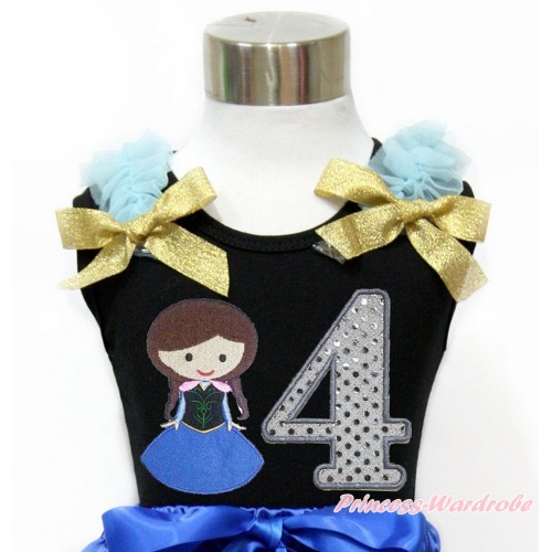 Black Tank Top With Light Blue Ruffles & Sparkle Goldenrod Bow With Princess Anna & 4th Sparkle White Birthday Number Print TB797