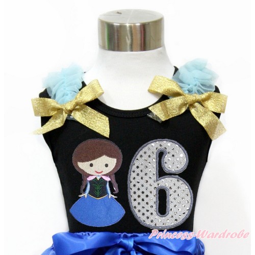 Black Tank Top With Light Blue Ruffles & Sparkle Goldenrod Bow With Princess Anna & 6th Sparkle White Birthday Number Print TB799