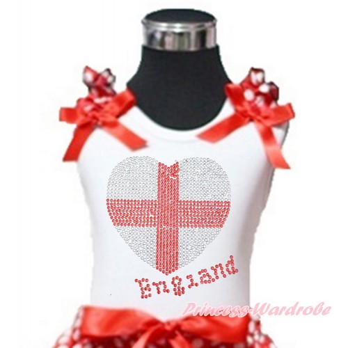 World Cup White Tank Top With Minnie Dots Ruffles & Red Bow With Sparkle Crystal Bling Rhinestone England Heart Print TB807