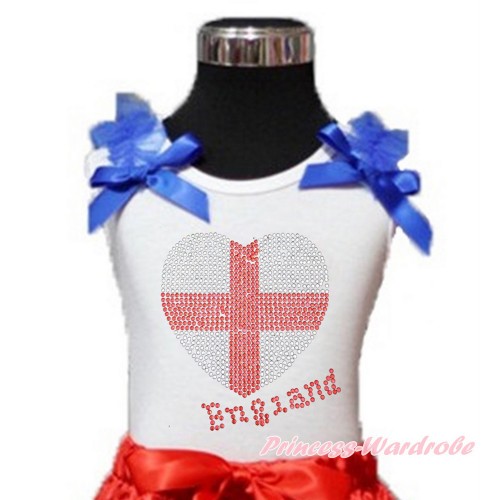 World Cup White Tank Top With Royal Blue Ruffles & Royal Blue Bow With Sparkle Crystal Bling Rhinestone England Heart Print TB808