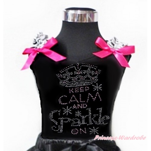 Black Tank Top With Zebra Ruffles & Hot Pink Bow With Sparkle Crystal Bling Rhinestone Keep Calm And Sparkle On Print TB809
