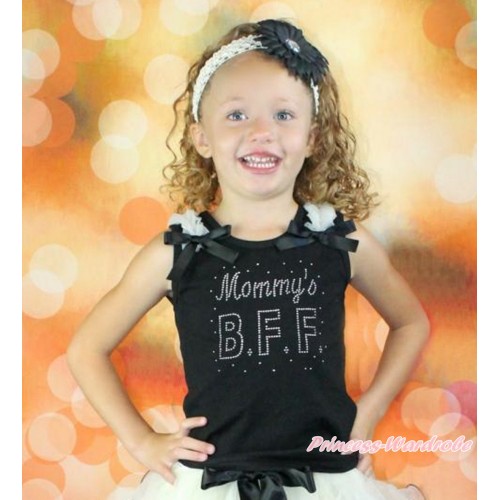 Mother's Day Black Tank Top With Cream White Ruffles & Black Bow With Sparkle Crystal Bling Rhinestone Mommy's BFF Print TB812