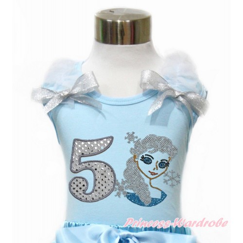 Light Blue Tank Top With White Ruffles & Sparkle Silver Grey Bow With 5th Sparkle White Birthday Number & Sparkle Crystal Bling Rhinestone Princess Elsa Print TM275