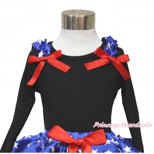 American's Birthday Black Long Sleeves Top with Patriotic American Star Ruffles & Red Bow TO357