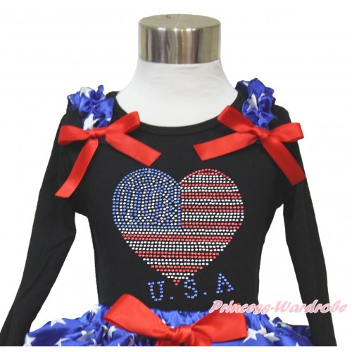 American's Birthday Black Long Sleeves Top With Patriotic American Star Ruffles & Red Bow with Sparkle Crystal Bling Rhinestone USA Heart Print TO358