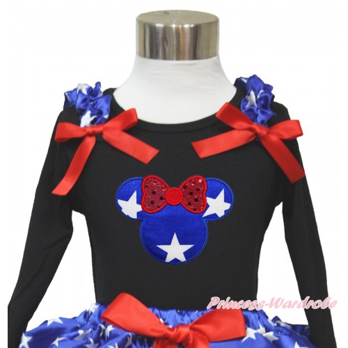American's Birthday Black Long Sleeves Top With Patriotic American Star Ruffles & Red Bow with Patriotic American Star Minnie Print TO360