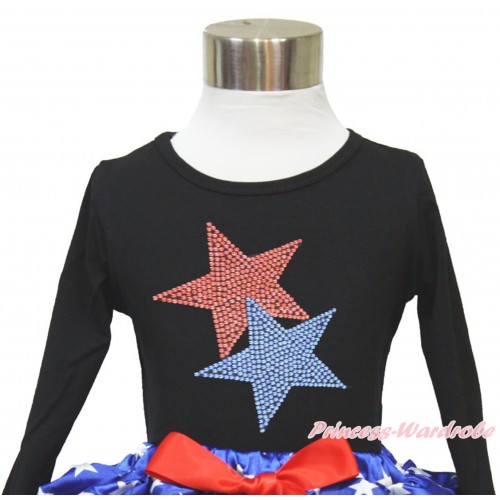 American's Birthday Black Long Sleeves Top With Sparkle Crystal Bling Rhinestone Red Blue Twin Star Print TO363