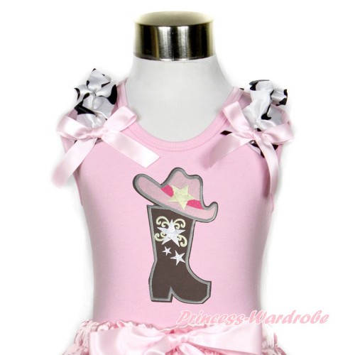 Light Pink Tank Top With Milk Cow Ruffles & Light Pink Bow With Cowgirl Hat Boot Print TP90