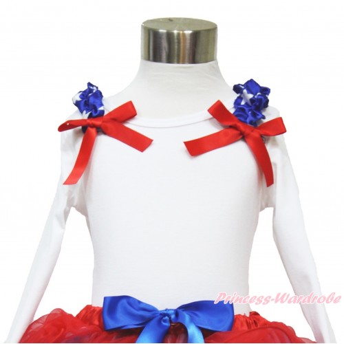 American's Birthday White Long Sleeves Top with Patriotic American Star Ruffles & Red Bow TW455