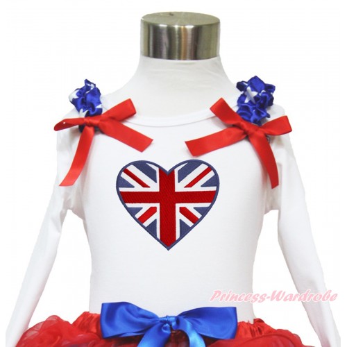 American's Birthday White Long Sleeves Top With Patriotic American Star Ruffles & Red Bow with Patriotic British Heart Print TW458