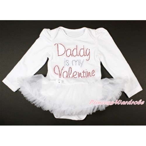 Valentine's Day White Long Sleeve Baby Bodysuit Jumpsuit White Pettiskirt With Sparkle Crystal Bling Rhinestone Daddy is my Valentine Print JS2859 