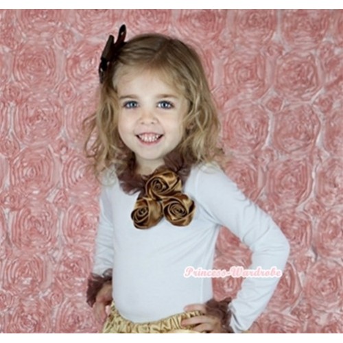 White Long Sleeves Top with Bunch Of Brown Satin Rosettes & Brown Lacing T702 