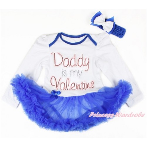 Valentine's Day White Long Sleeve Baby Bodysuit Jumpsuit Royal Blue Pettiskirt With Sparkle Crystal Bling Rhinestone Daddy is my Valentine Print & Royal Blue Headband White Royal Blue Ribbon Bow JS2879 