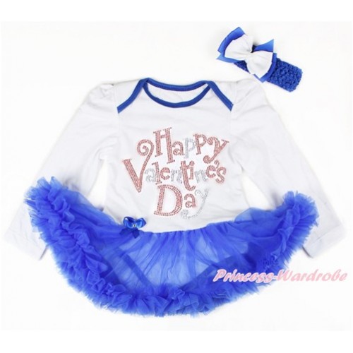 Valentine's Day White Long Sleeve Baby Bodysuit Jumpsuit Royal Blue Pettiskirt With Sparkle Crystal Bling Rhinestone Happy Valentine's Day Print & Royal Blue Headband White Royal Blue Ribbon Bow JS2880 