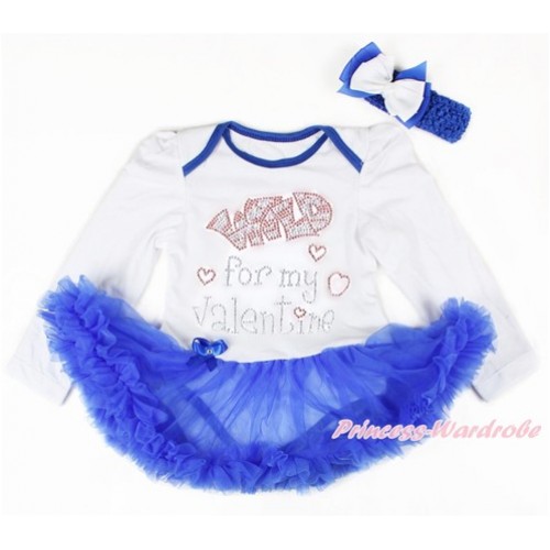 Valentine's Day White Long Sleeve Baby Bodysuit Jumpsuit Royal Blue Pettiskirt With Sparkle Crystal Bling Rhinestone Wild for my Valentine Print & Royal Blue Headband White Royal Blue Ribbon Bow JS2881 