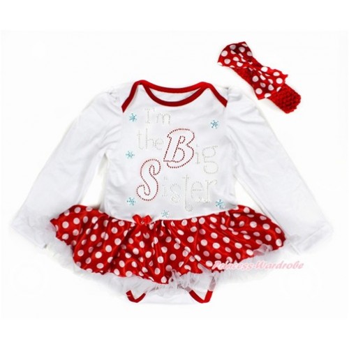 White Long Sleeve Baby Bodysuit Jumpsuit Minnie Dots White Pettiskirt With Sparkle Crystal Bling Rhinestone I'm the Big Sister Print & Red Headband Minnie Dots Satin Bow JS2886 