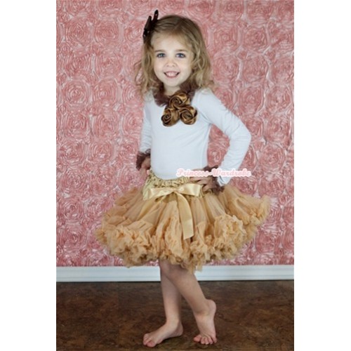 Goldenrod Pettiskirt with Matching White Long Sleeves Top with Bunch of Brown Satin Rosettes & Brown Lacing MW129 