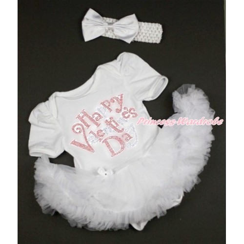 Valentine's Day White Baby Bodysuit Jumpsuit White Pettiskirt With Sparkle Crystal Bling Rhinestone Happy Valentine's Day Print With White Headband White Satin Bow JS2941 