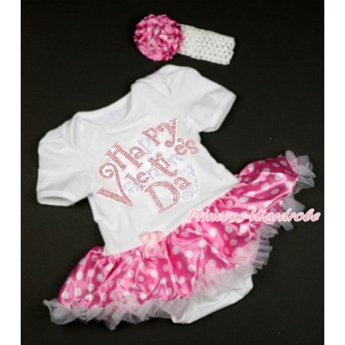 Valentine's Day White Baby Bodysuit Jumpsuit Hot Pink White Dots Pettiskirt With Sparkle Crystal Bling Rhinestone Happy Valentine's Day Print With White Headband Hot Pink White Dots Rose JS2944 