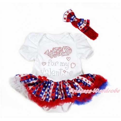 Valentine's Day White Baby Bodysuit Jumpsuit Red White Royal Blue Striped Stars Pettiskirt With Sparkle Crystal Bling Rhinestone Wild for my Valentine Print With Red Headband Red White Royal Blue Striped Stars Satin Bow JS2963 