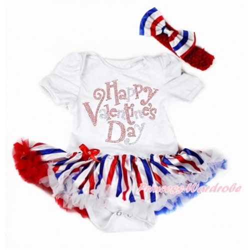 Valentine's Day White Baby Bodysuit Jumpsuit Red White Royal Blue Striped Pettiskirt With Sparkle Crystal Bling Rhinestone Happy Valentine's Day Print With Red Headband Red White Royal Blue Striped Satin Bow JS2965 