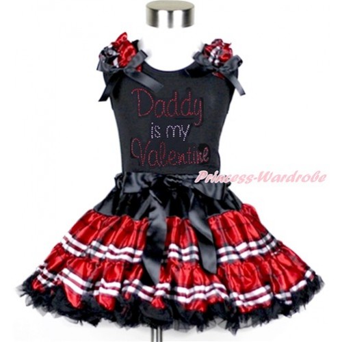 Valentine's Day Black Tank Top with Red Black Checked Ruffles & Black Bow with Sparkle Crystal Bling Rhinestone Daddy is my Valentine Print & Red Black Checked Pettiskirt MG969 